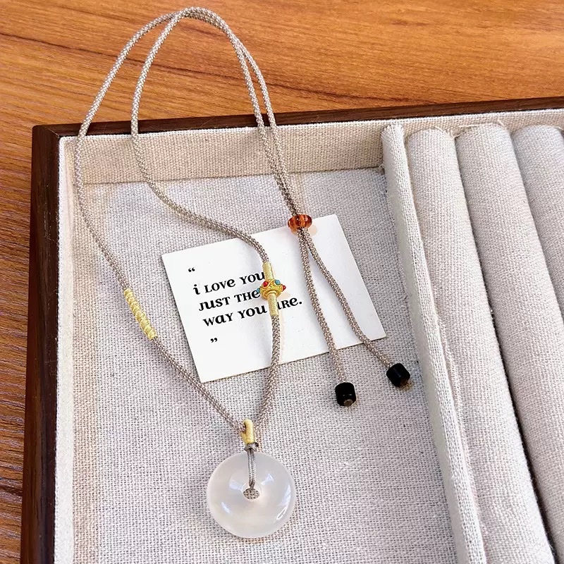 Natural white agate chalcedony peace pendant, no worries pendant necklace, female ruyi lock, hanging rope, pendant gift detail image 5