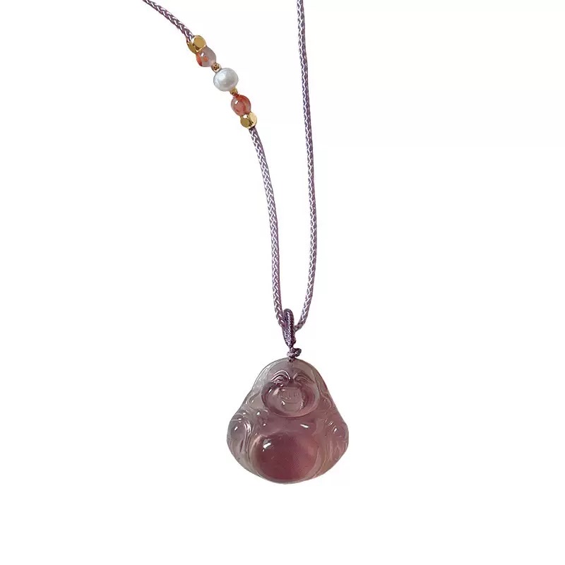 Wholesale of natural Brazilian imperial purple chalcedony Maitreya Buddha male necklace for women, ice-transparent agate, big-bellied Buddha brined rope collarbone chain detail image 5