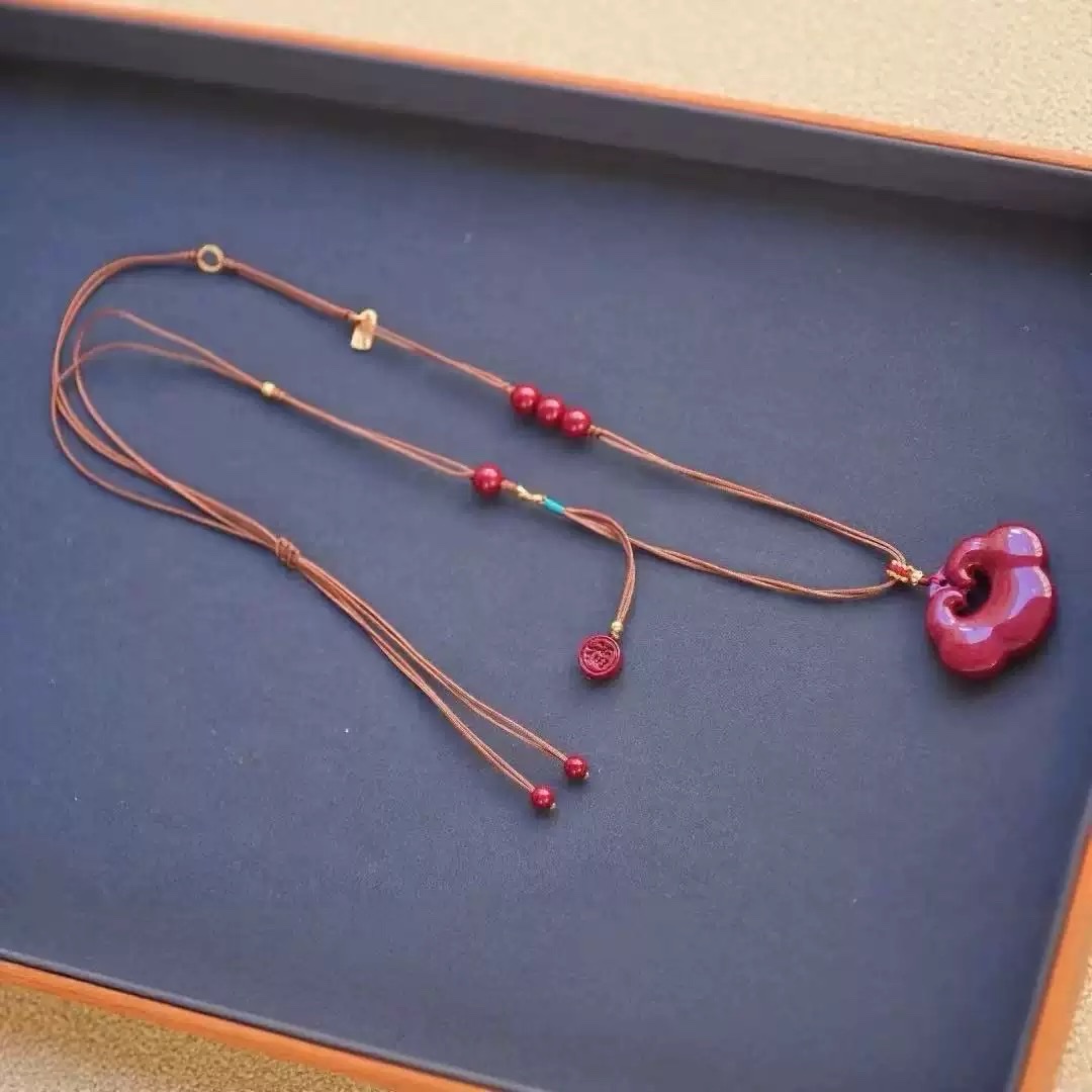 New Chinese-style simple cinnabar pendant rope, hand-woven extremely fine imperial sand lucky charm ruyi peace lock necklace rope Item Picture