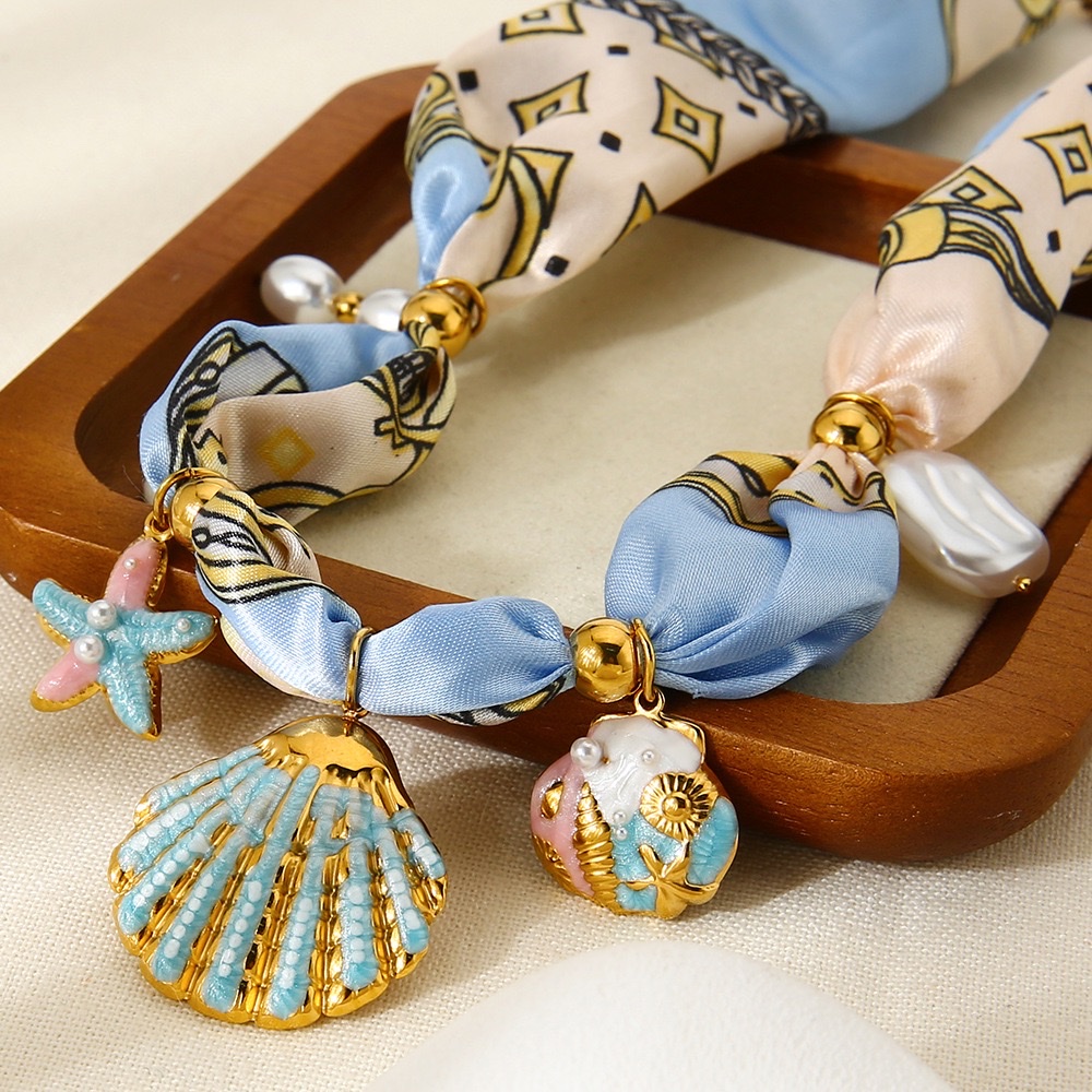 European and American niche light luxury pearl shell starfish silk scarf necklace, ocean-style scarf and necklace, Bohemian accessories, stainless steel necklace and silk scarf detail image 2