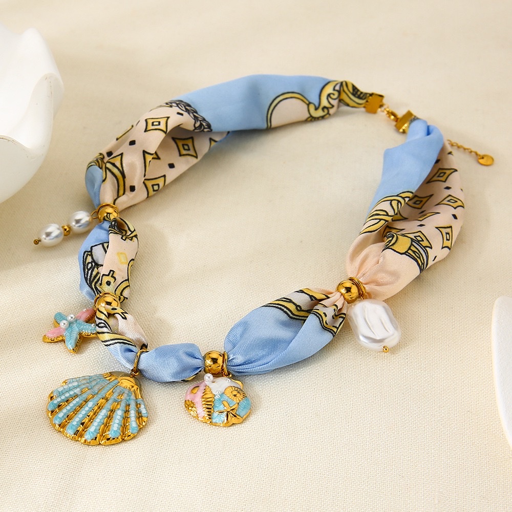 European and American niche light luxury pearl shell starfish silk scarf necklace, ocean-style scarf and necklace, Bohemian accessories, stainless steel necklace and silk scarf detail image 4