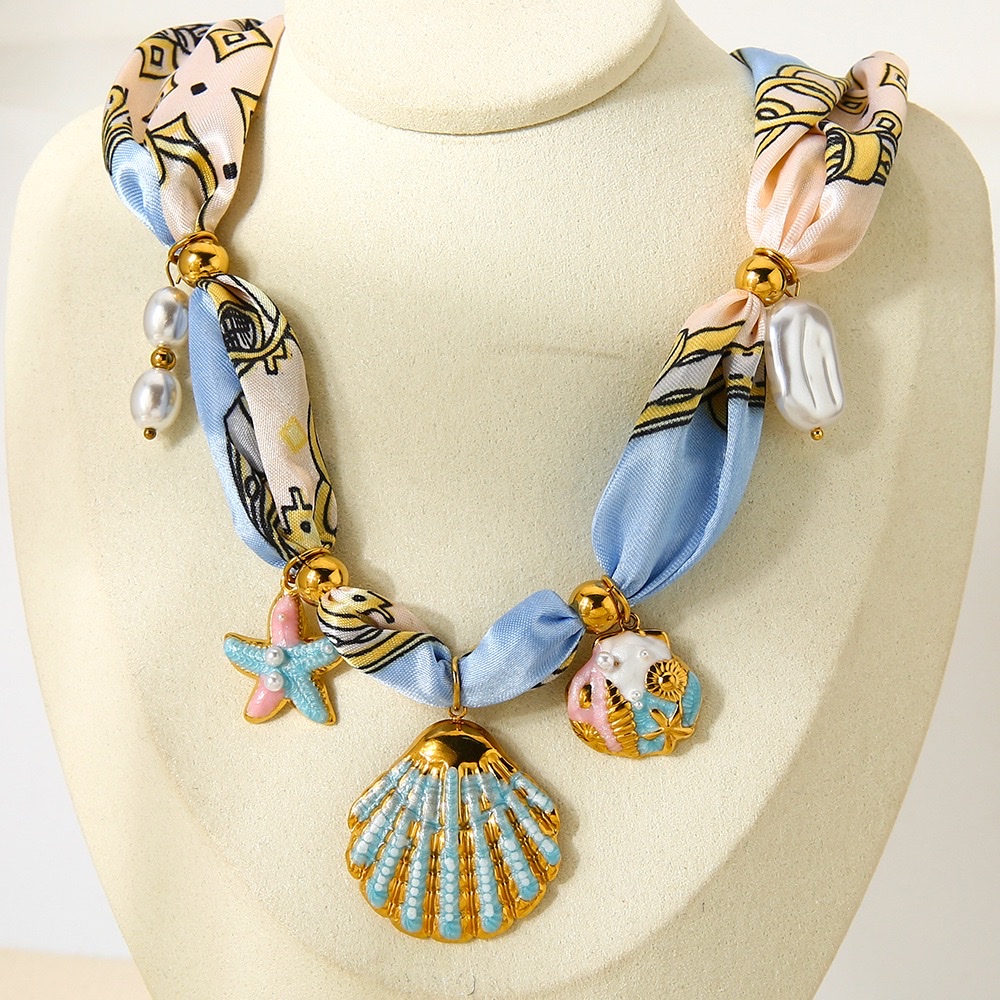European and American niche light luxury pearl shell starfish silk scarf necklace, ocean-style scarf and necklace, Bohemian accessories, stainless steel necklace and silk scarf details Picture