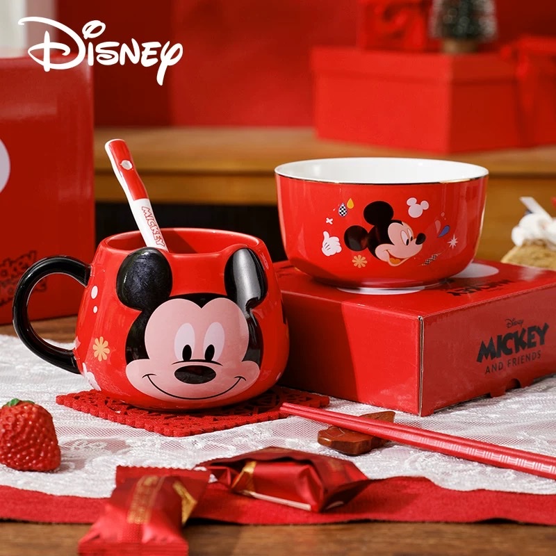 Disney genuine ceramic tableware, ceramic handicrafts, ceramic gift cups, Disney Mickey Red Joy Tableware set of 6 pieces, one-person dining children's tableware set, creative birthday gift box Item Picture