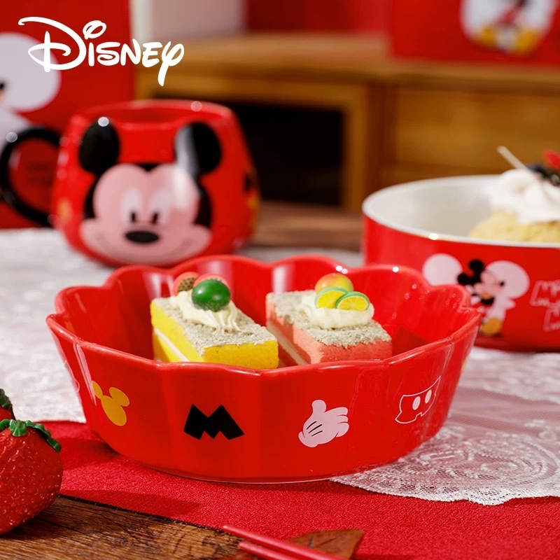 Disney genuine ceramic tableware, ceramic handicrafts, ceramic gift cups, Disney Mickey Red Joy Tableware set of 6 pieces, one-person dining children's tableware set, creative birthday gift box Specification image