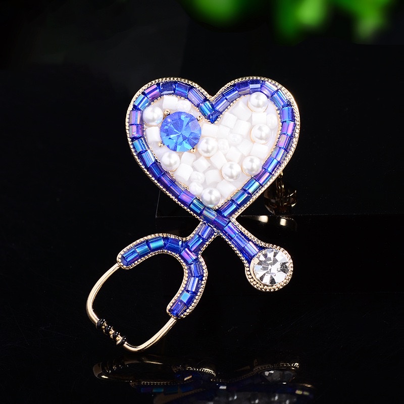 0115 Aoma Accessories Cross-border Creative Love Stethoscope brooch Red and Blue Imitation Crystal European and American fashionable medical High-end pin Accessories wholesale Item Picture