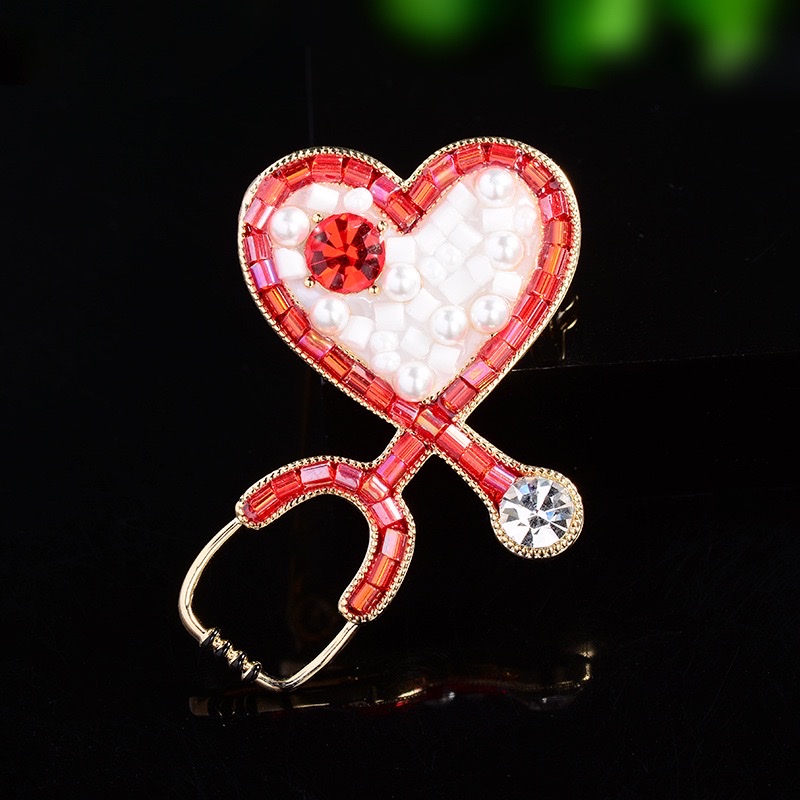 0115 Aoma Accessories Cross-border Creative Love Stethoscope brooch Red and Blue Imitation Crystal European and American fashionable medical High-end pin Accessories wholesale