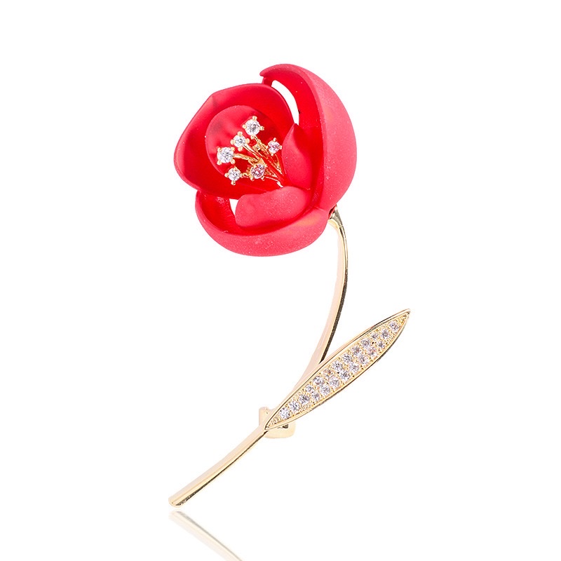 0114 Red rose flower brooch, high-end European and American style, slightly inlaid zircon, festive wedding accessory, suit pin, brooch, women's Oma accessory Item Picture