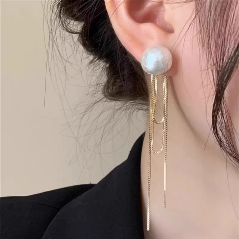 Elegant tassel long pearl earrings for women's summer, light luxury and high-end, niche design earrings, round face slimming earrings details Picture