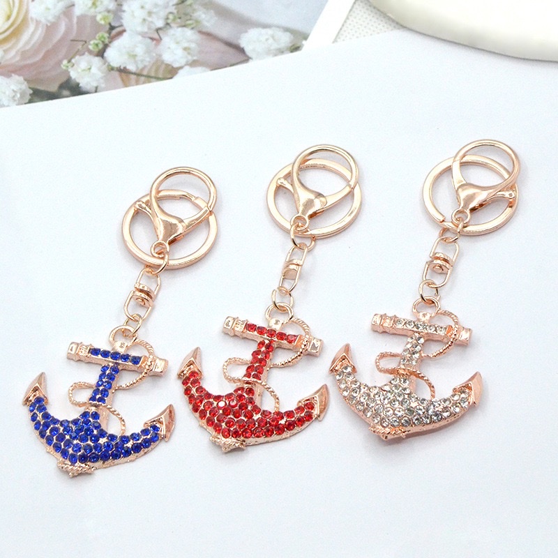 亚马逊跨境金属水钻船锚钥匙扣小挂件背包配饰饰品水晶钥匙链批发、厂家直销！饰品白底实物图