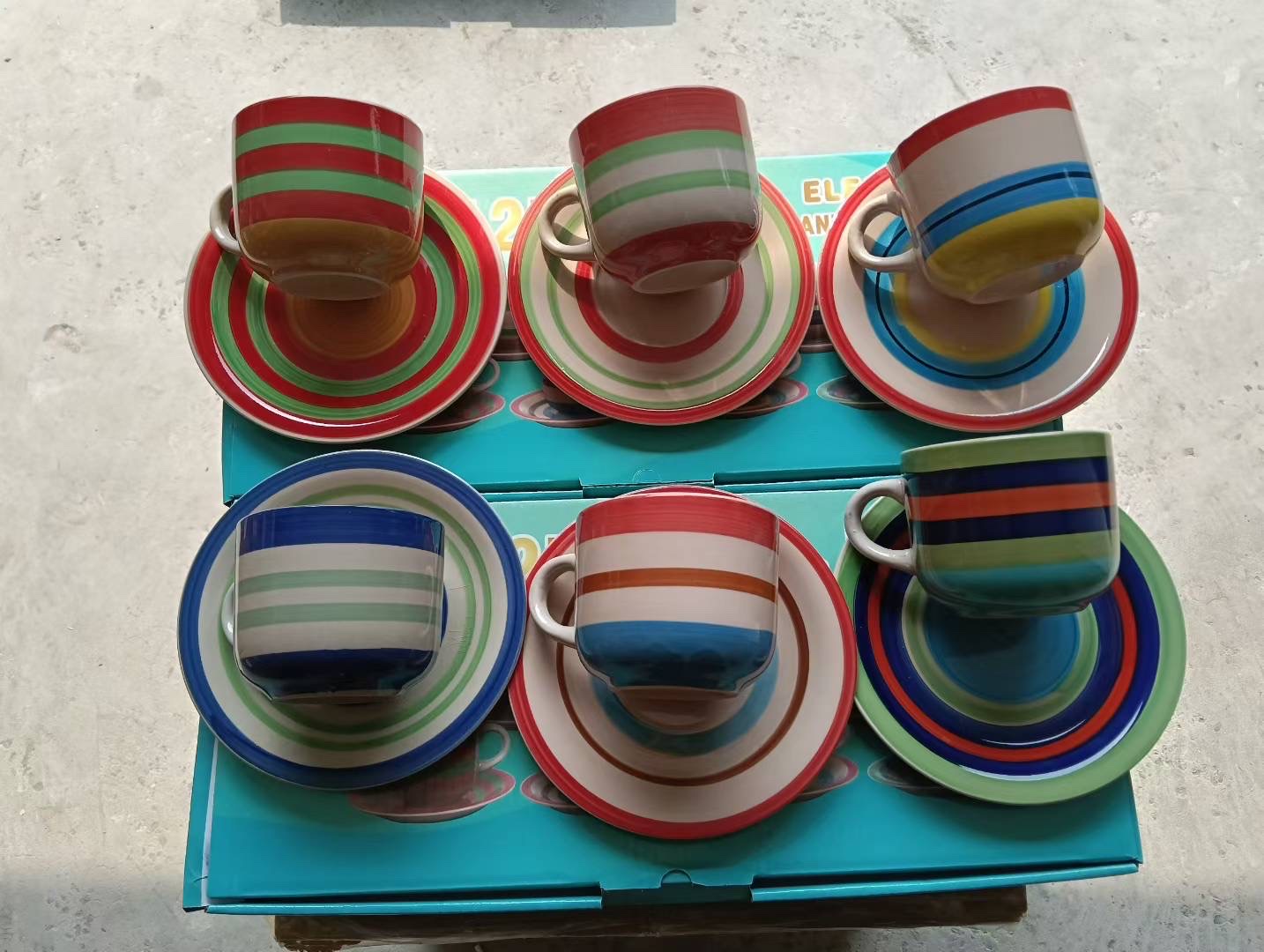 6pcs彩虹条纹杯碟，多色混装陶瓷杯马克杯