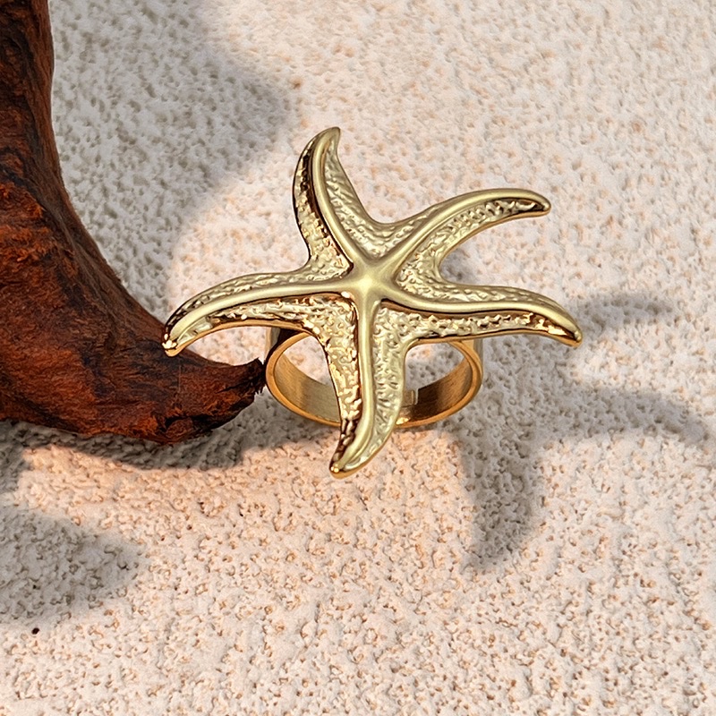 欧美跨境海洋风中古戒指不锈钢镀18K金保色开口个性海星复古戒指详情图2