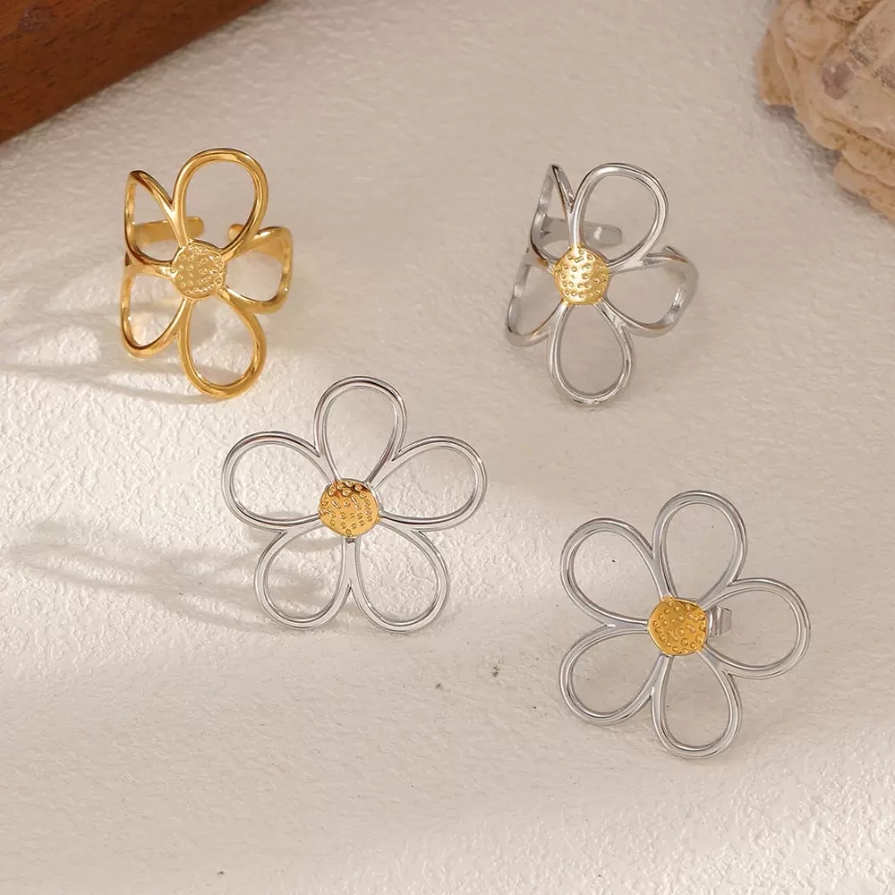 跨境ins风镂空花朵戒指钛钢耳钉饰品套装时尚通勤风不锈钢指环戒指产品图