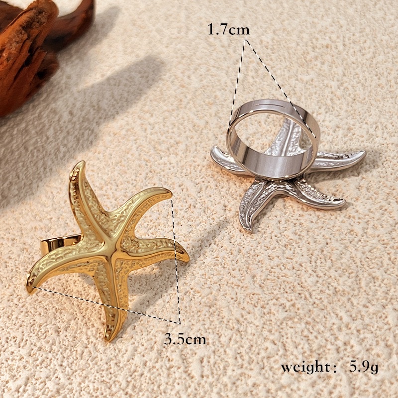 欧美跨境海洋风中古戒指不锈钢镀18K金保色开口个性海星复古戒指详情图3