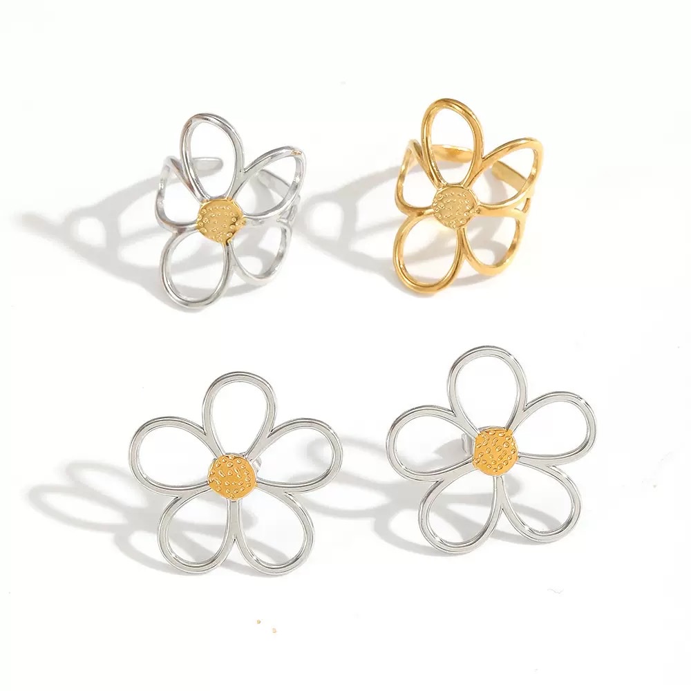 跨境ins风镂空花朵戒指钛钢耳钉饰品套装时尚通勤风不锈钢指环戒指详情图3