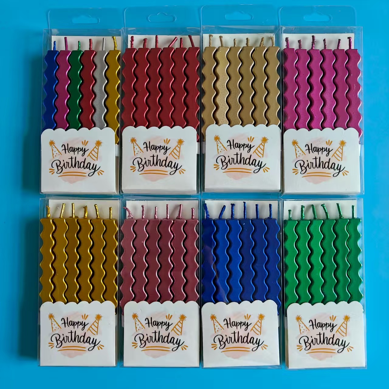 新款P VC盒包装6支蜡烛，款式多样蜡烛加蝴蝶结生日快乐挂牌