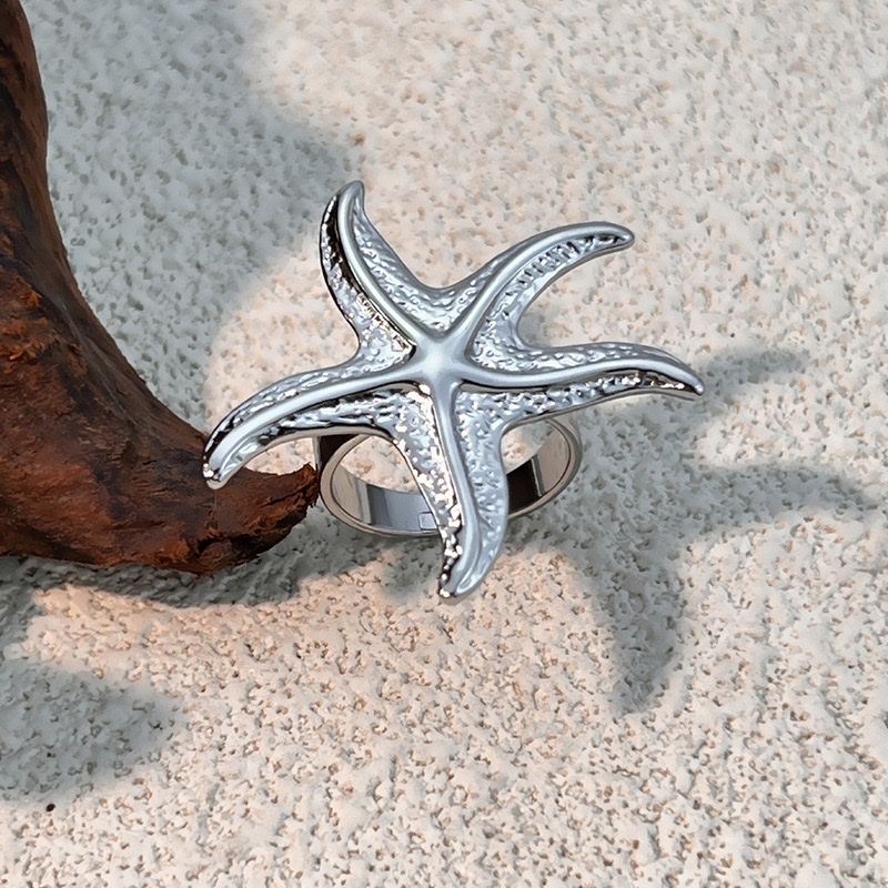 欧美跨境海洋风中古戒指不锈钢镀18K金保色开口个性海星复古戒指详情图5