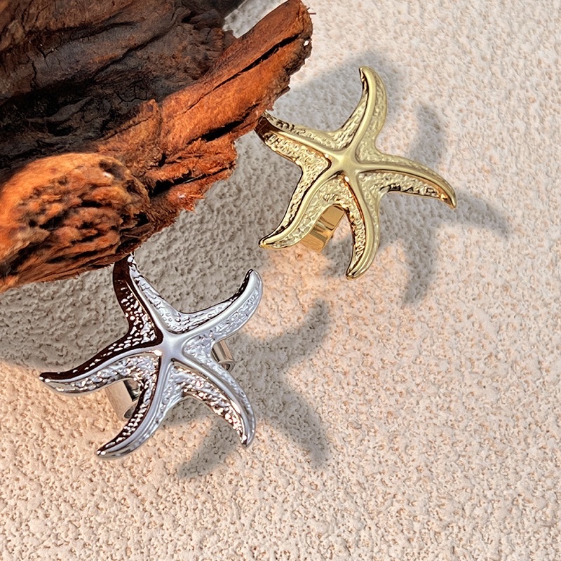 欧美跨境海洋风中古戒指不锈钢镀18K金保色开口个性海星复古戒指详情图6