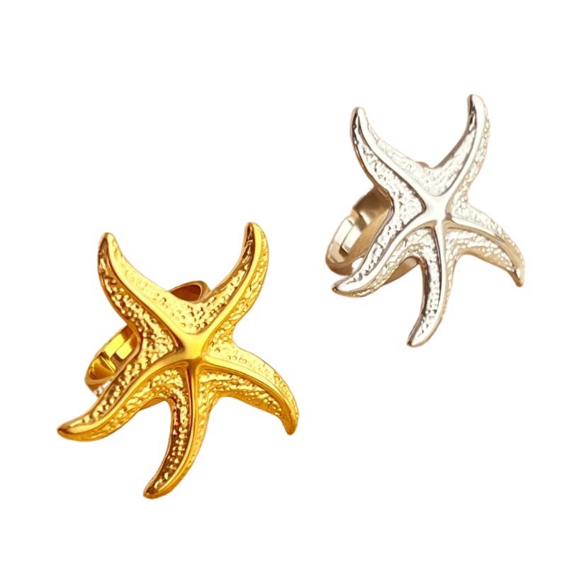 欧美跨境海洋风中古戒指不锈钢镀18K金保色开口个性海星复古戒指详情图4