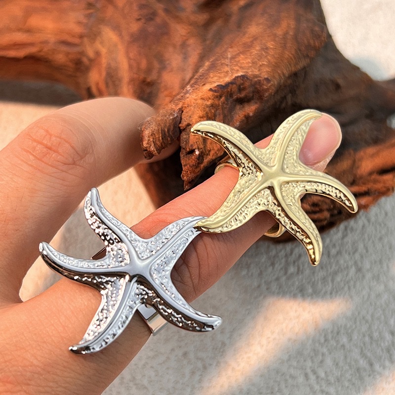 欧美跨境海洋风中古戒指不锈钢镀18K金保色开口个性海星复古戒指