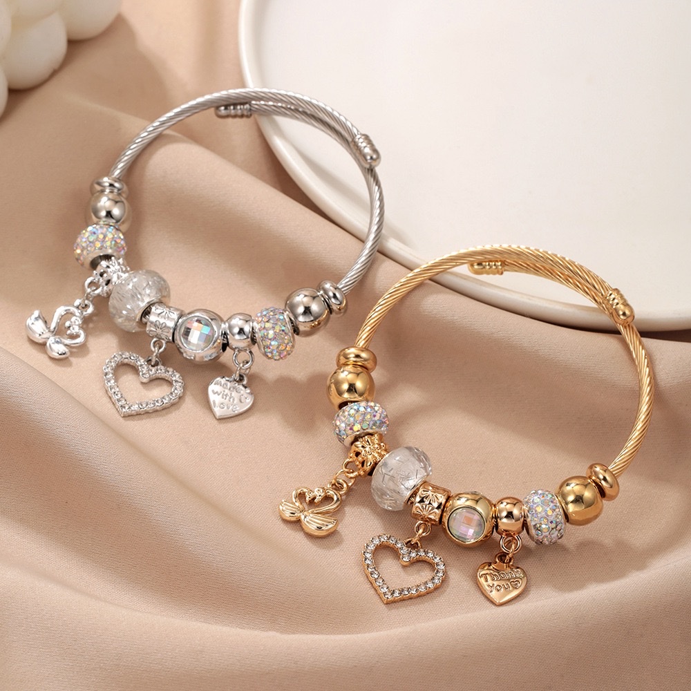 不锈钢欧美跨境DIY串珠手镯 轻奢爱心天鹅吊坠配饰 时尚珠宝首饰详情图5