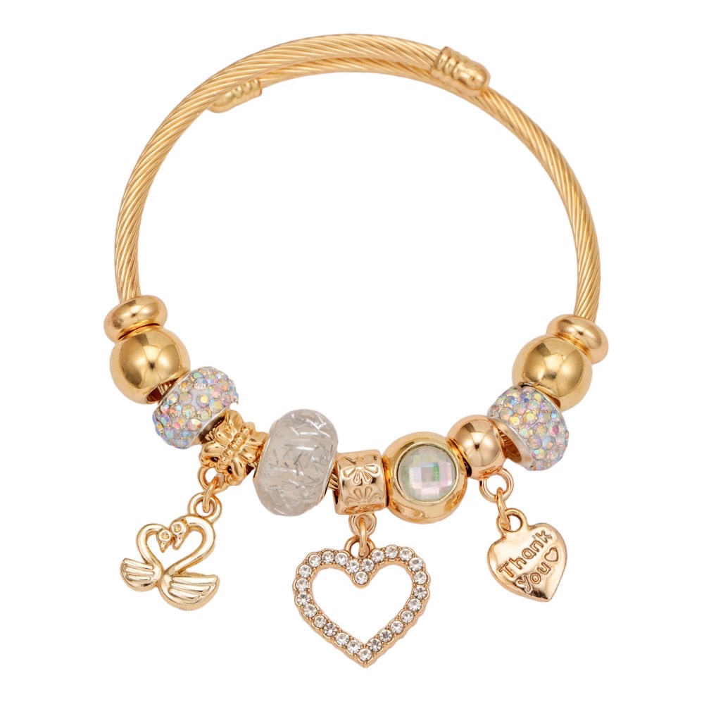 不锈钢欧美跨境DIY串珠手镯 轻奢爱心天鹅吊坠配饰 时尚珠宝首饰图