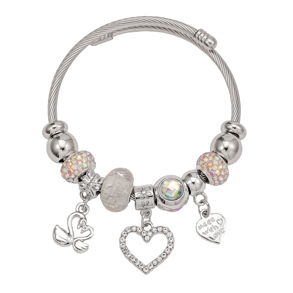 不锈钢欧美跨境DIY串珠手镯 轻奢爱心天鹅吊坠配饰 时尚珠宝首饰详情图4