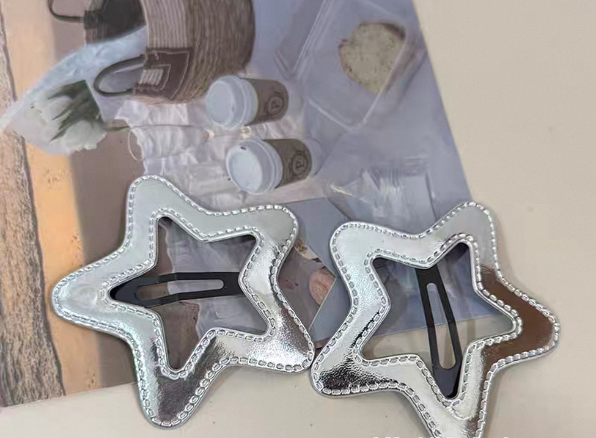 韩国皮质五星儿童发夹碎发夹少女银色皮质pu皮星星BB夹学生侧边边夹儿童刘海夹碎发夹