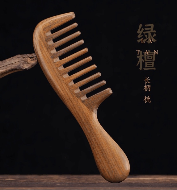 绿檀木梳子粗齿家用女士天然檀香木防静电大齿梳长柄宽齿卷脱发梳详情图2