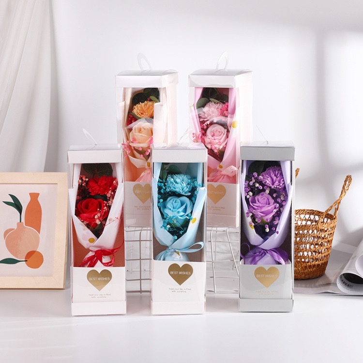 厂家直供浪漫玫瑰款情人节七夕干花束简约款方格纸包装香皂花