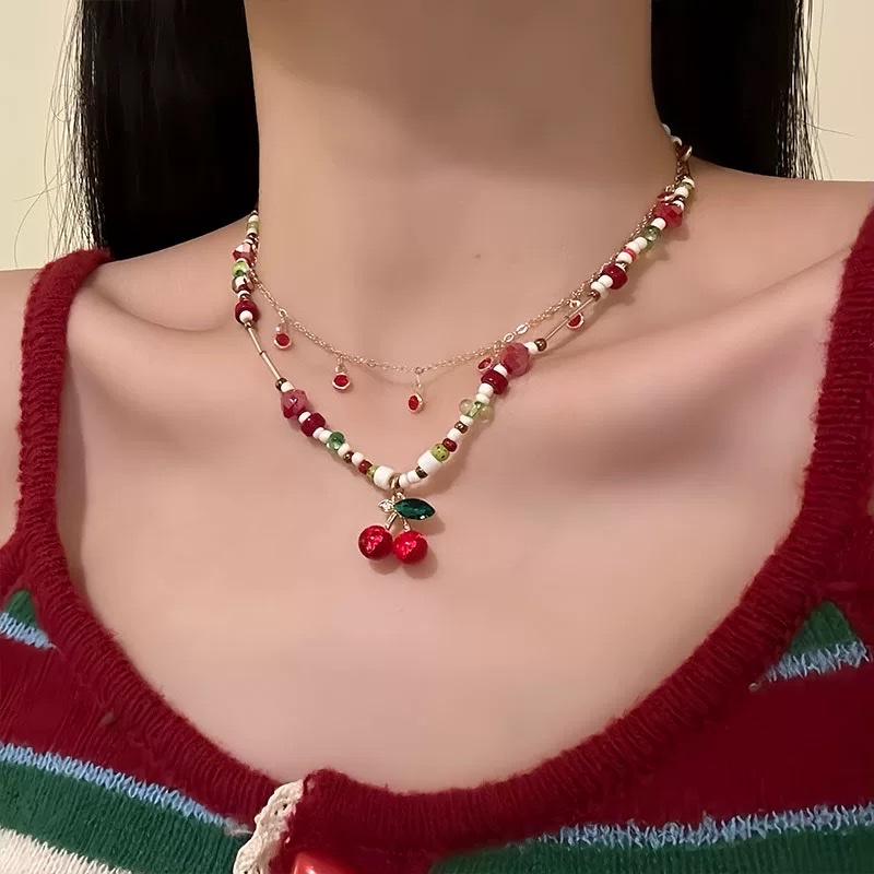 Collar de perlas de dopamina dulce de color rojo cereza mujer clavícula cadena details Picture