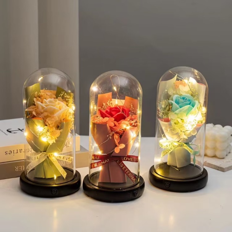 匆忘我满天星玫瑰花香薰玻璃罩干花工艺品创意家居情人节礼品摆件