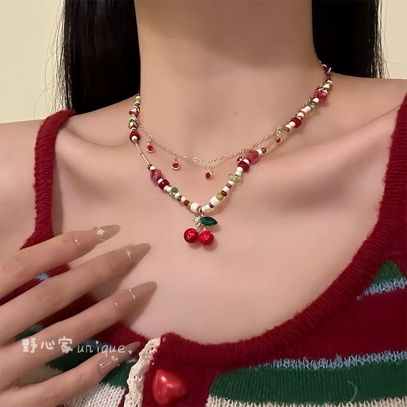 甜美彩色多巴胺串珠项链女红色樱桃锁骨链