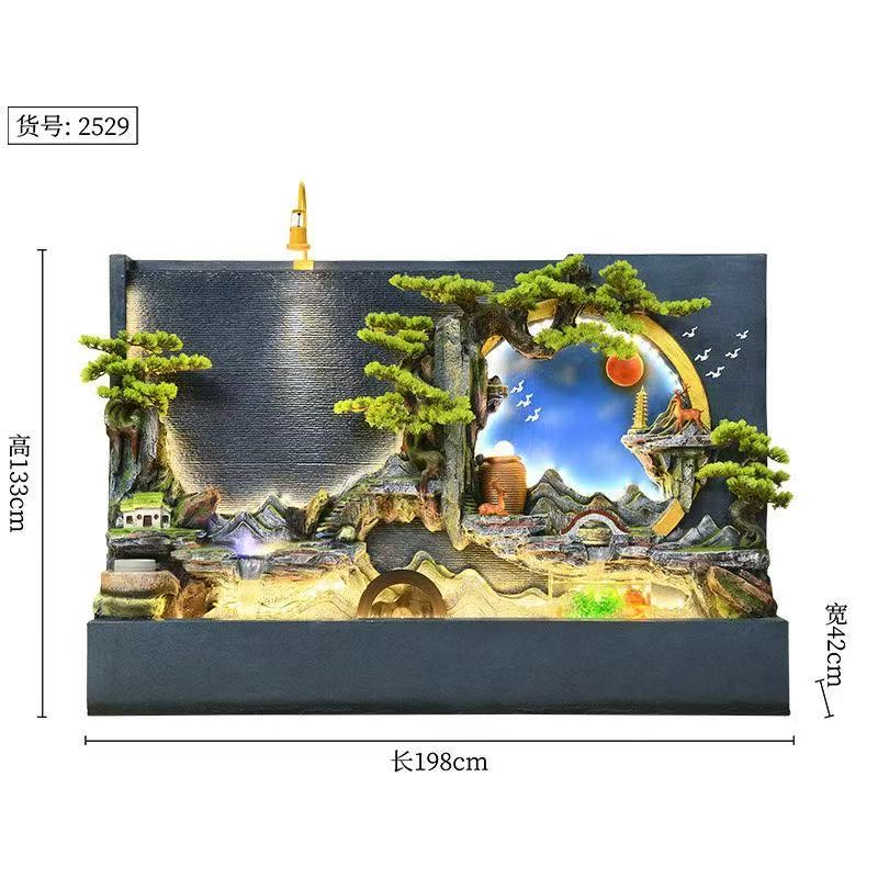 Water flow bonsai, atomized rockery, water flow curtain wall, feng shui ball, water wheel, air humidifier, home decoration and arrangement, feng shui layout, courtyard decoration design Specification image