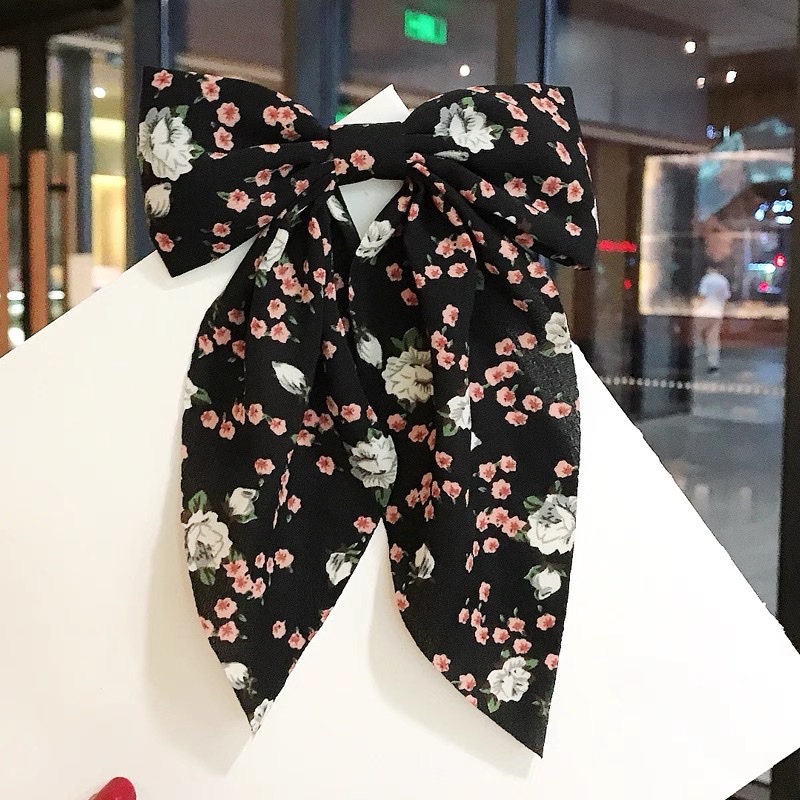 New floral bow hair clip, long floral bow hair clip, tassel chiffon ribbon hair accessory, head clip