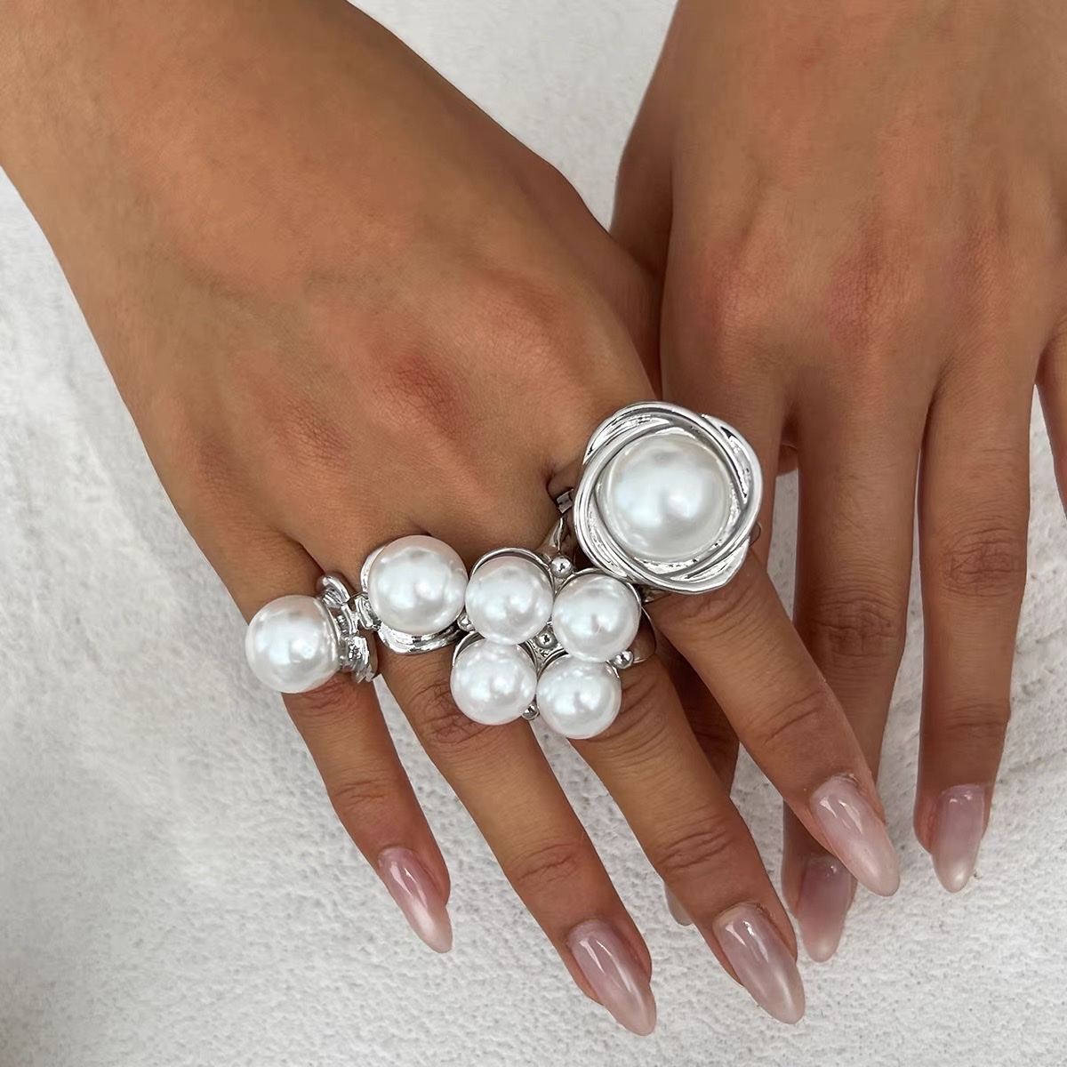 3件套镂空仿珍珠戒指套装 欧美2025夏季嘻哈时尚潮流街拍气质指环饰品2025饰品产品图