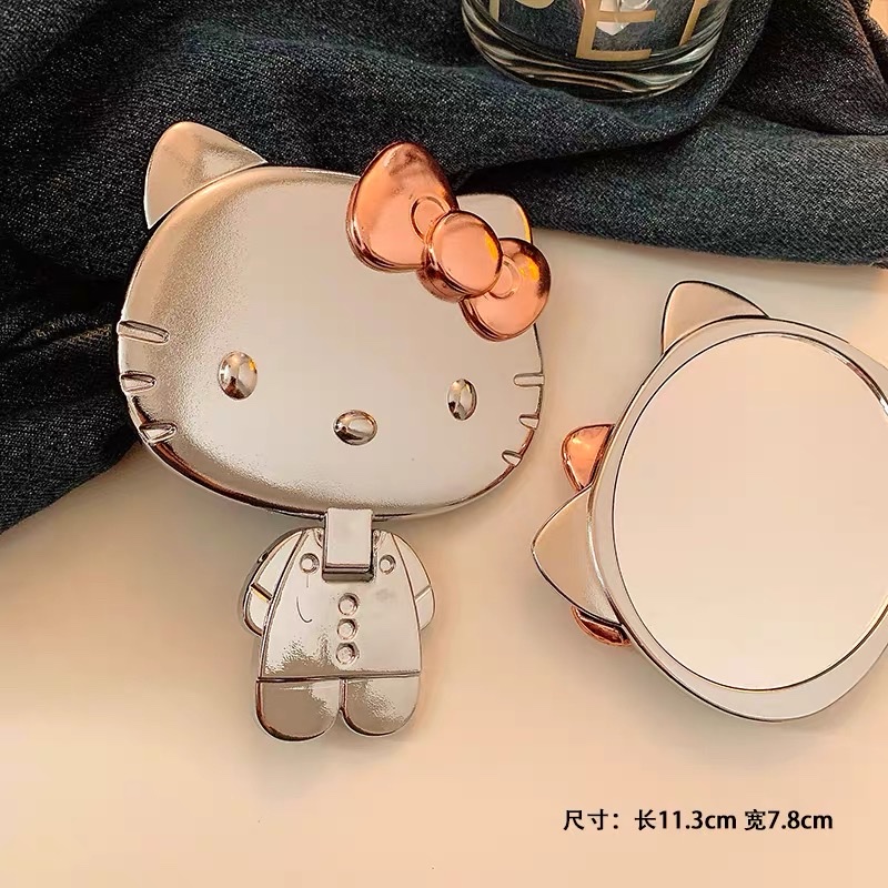 可爱KT猫小镜子女随身携带手持迷你化妆镜立体折叠补妆镜happy凯蒂猫女生学生宿舍办公室随身携带小镜子折叠桌面镜化妆镜白底实物图