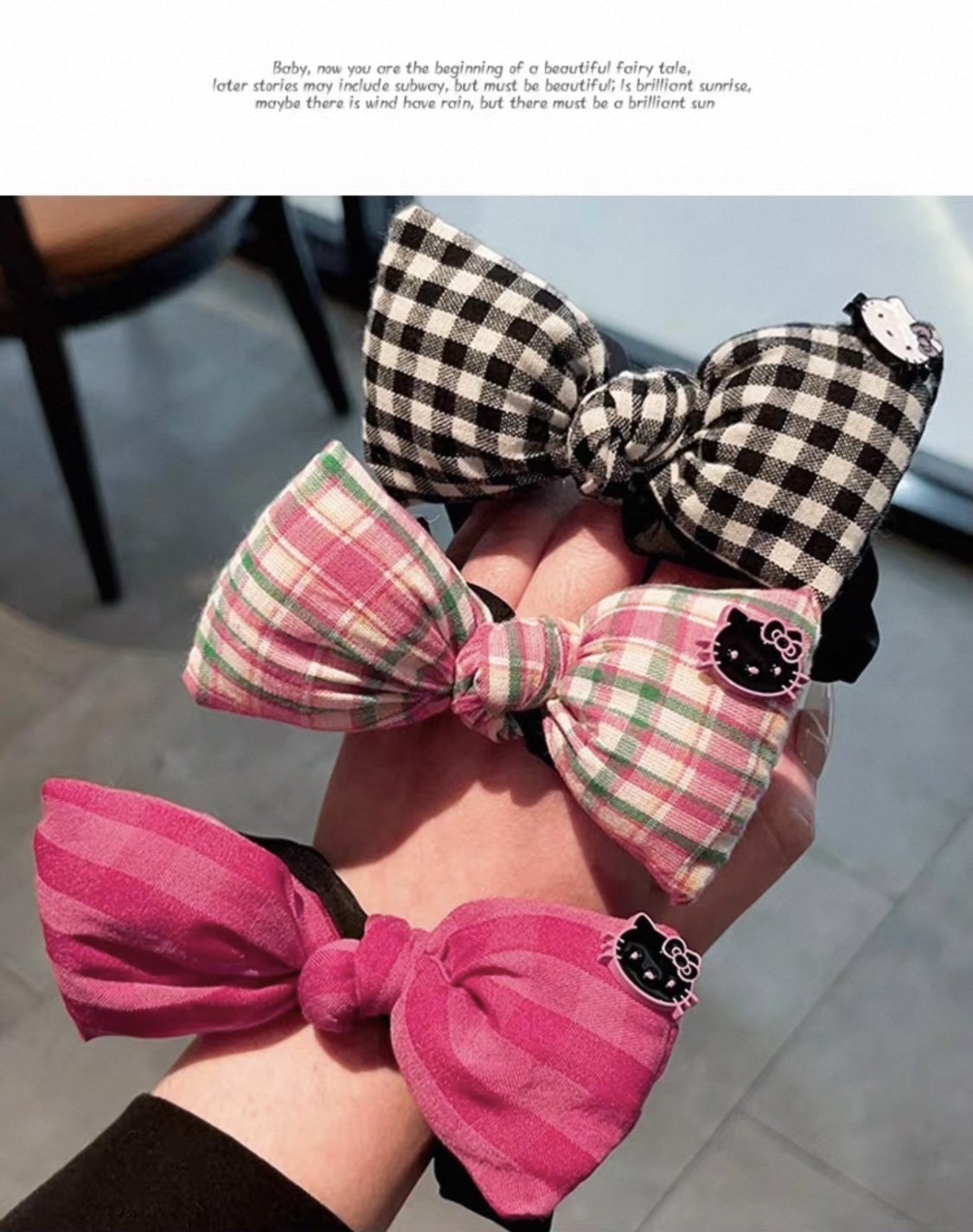 2025新款可爱卡通KT猫蝴蝶结发圈发饰女生头饰格纹高马尾发绳皮筋儿童发夹详情图4