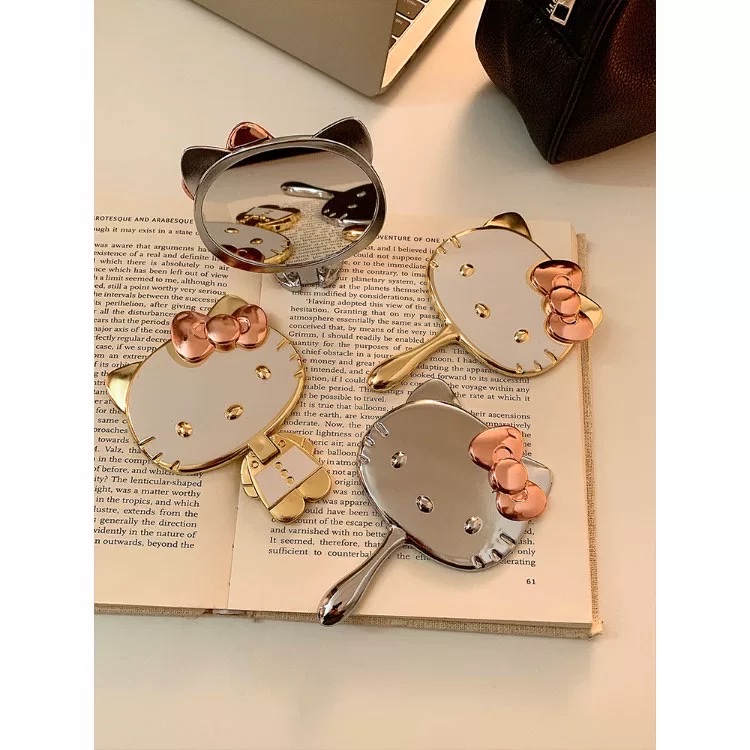 可爱KT猫小镜子女随身携带手持迷你化妆镜立体折叠补妆镜happy凯蒂猫女生学生宿舍办公室随身携带小镜子折叠桌面镜化妆镜