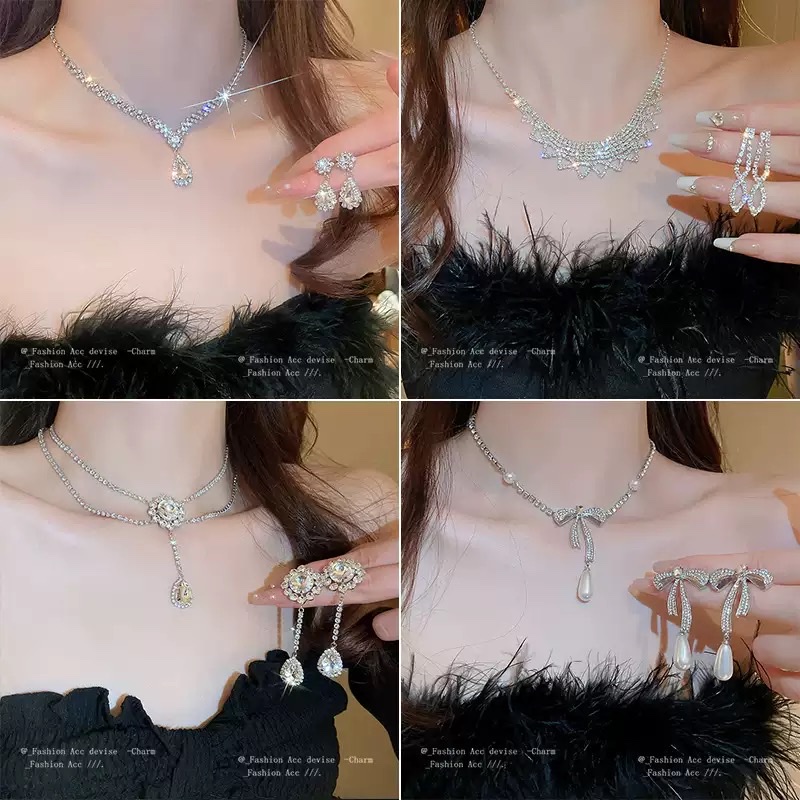 Cross-border bestseller zircon diamond-encrusted geometric necklace earring set, light luxury collarbone chain, high-end and elegant accessory wholesale necklace details Picture