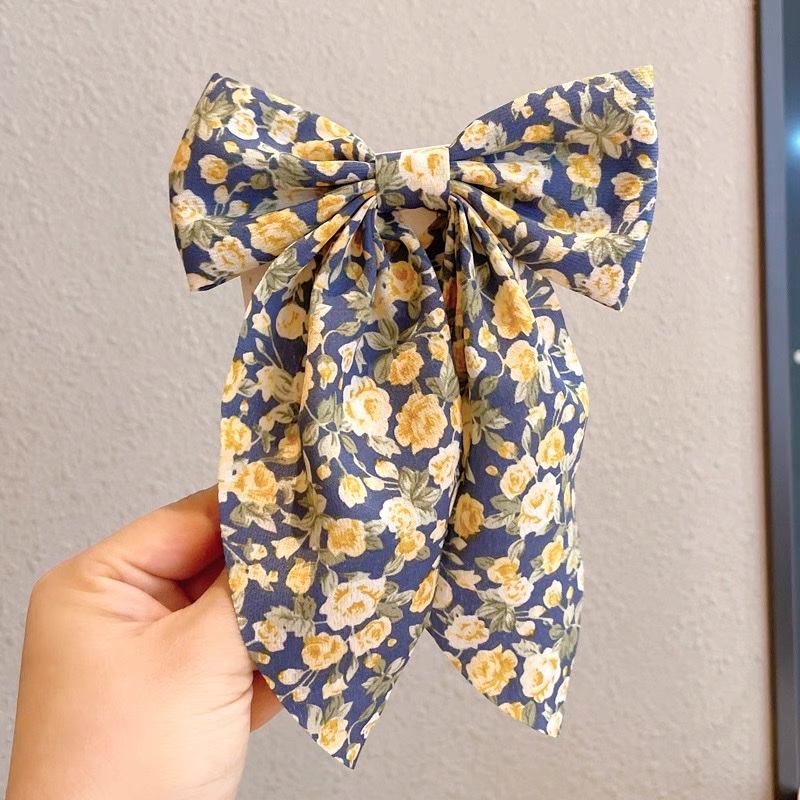 New floral bow hair clip, long floral bow hair clip, tassel chiffon ribbon hair accessory, head clip detail image 8