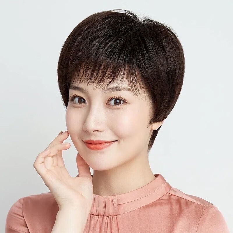 Peluca mujer natural full head set corto recto full real hair wig set mediana edad edad mamá real cabello Specification image