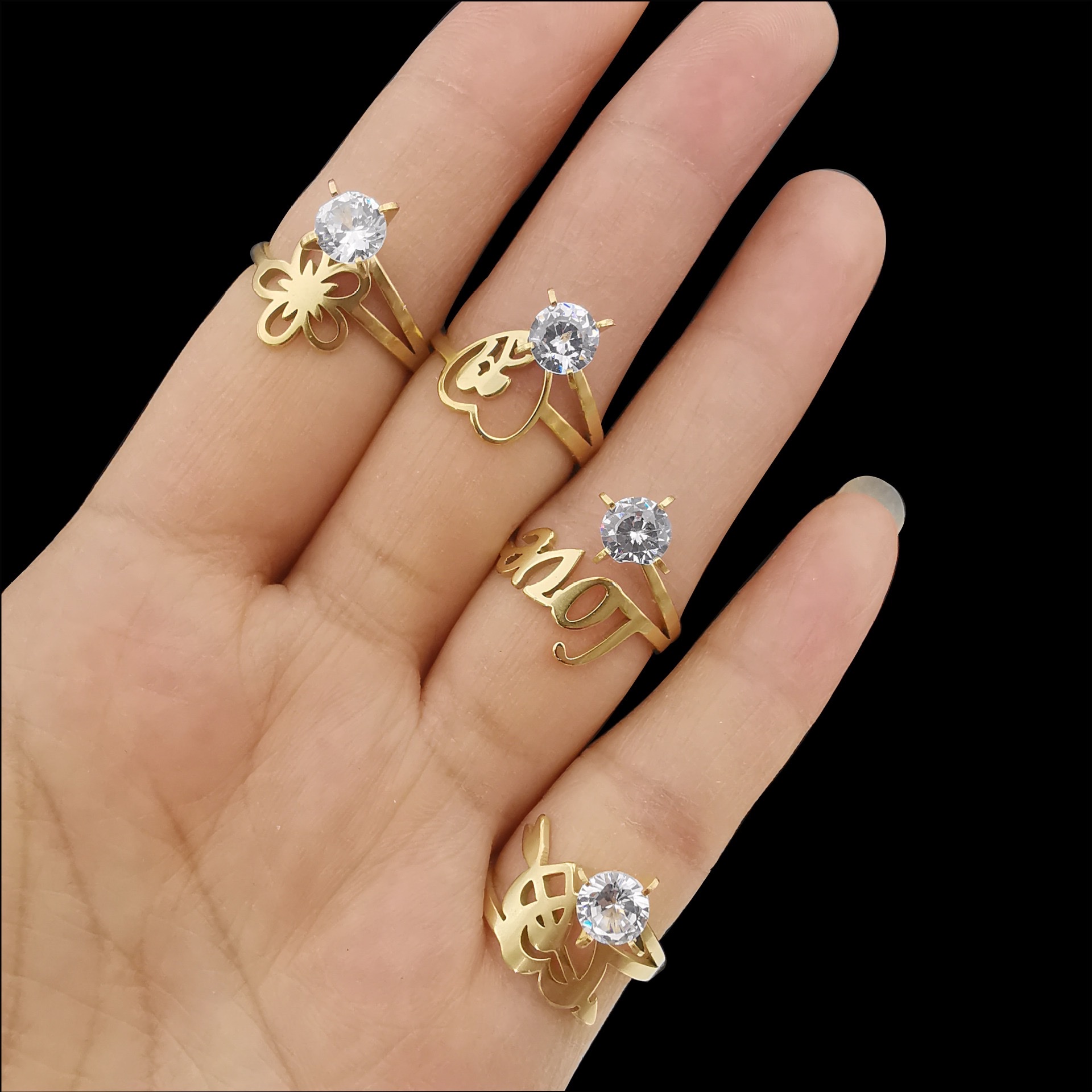 不锈钢戒指 切割戒 金色锆石女士指环 跨境热卖 现货货源 个性时尚潮流产品图