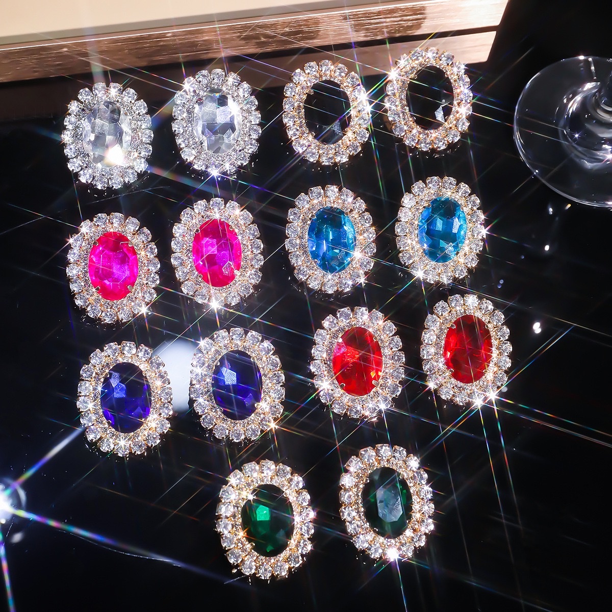 欧美夸张几何椭圆彩色红绿黑水晶大耳钉耳环晚宴礼服百搭耳饰批发 烧焊锆石耳环耳环