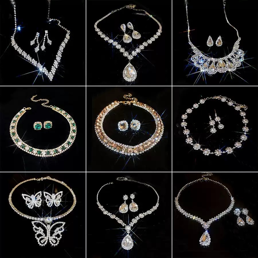 跨境爆款锆石镶钻几何项链耳环套装轻奢锁骨链高级感气质饰品批发 项链项链