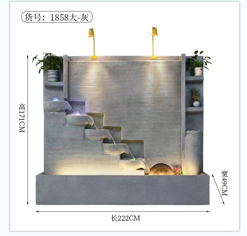 Water curtain wall, atomized bonsai, resin magnesium oxide fiberglass reinforced plastic water curtain wall, new water curtain wall bonsai, with fish tank design, mountain pipe, people, water pipe, good fortune