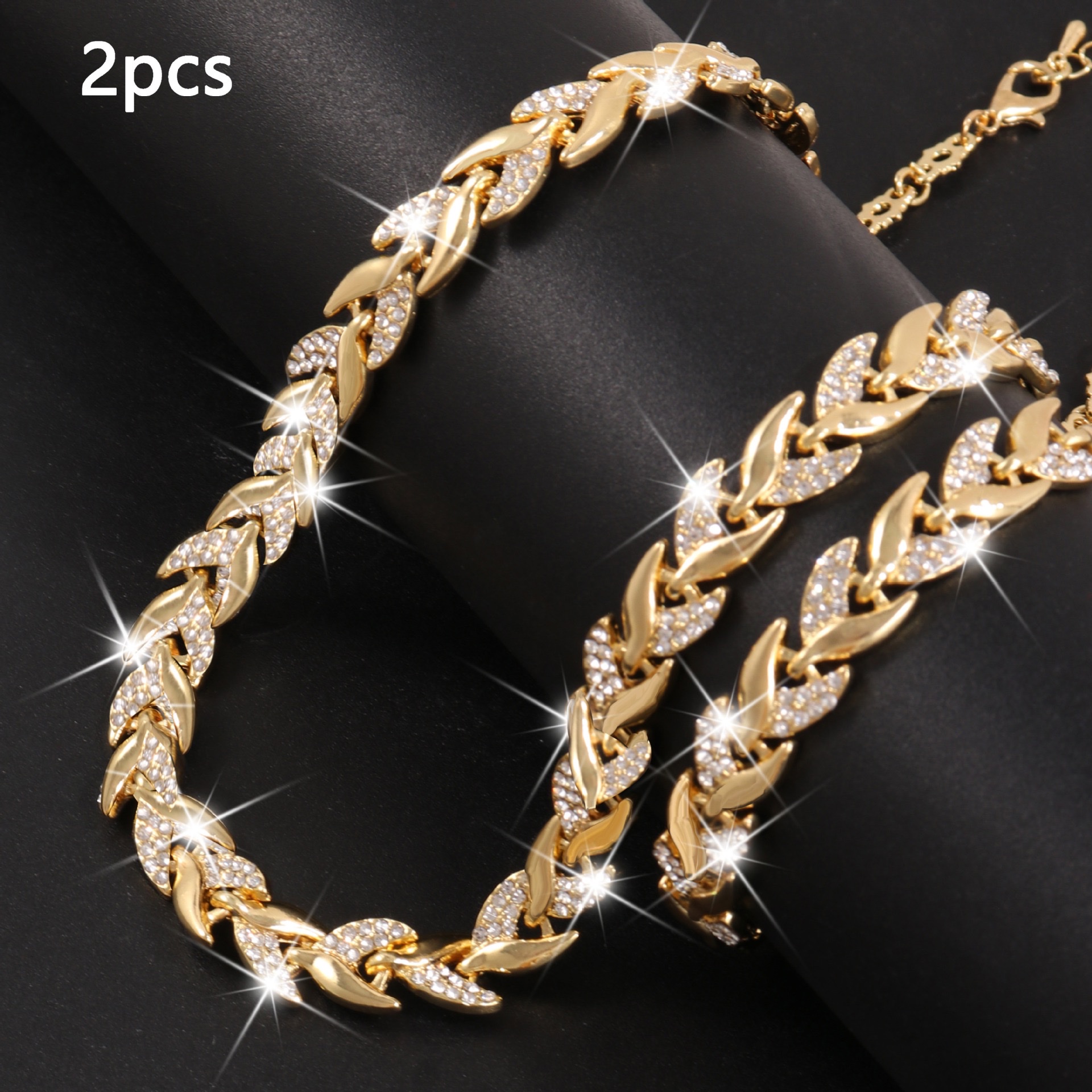 跨境欧美个性轻奢柳叶镶钻手链项链组合闪光美人鱼满钻宴会首饰女沙金沙金