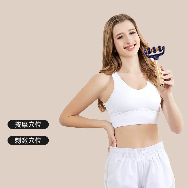 手推木质滚轮按摩肌肉放松狼牙棒按摩器滚轴健身经络瑜伽棒颈椎 产品图