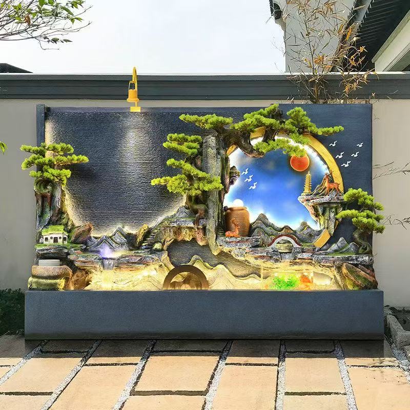 Water flow bonsai, atomized rockery, water flow curtain wall, feng shui ball, water wheel, air humidifier, home decoration and arrangement, feng shui layout, courtyard decoration design details Picture