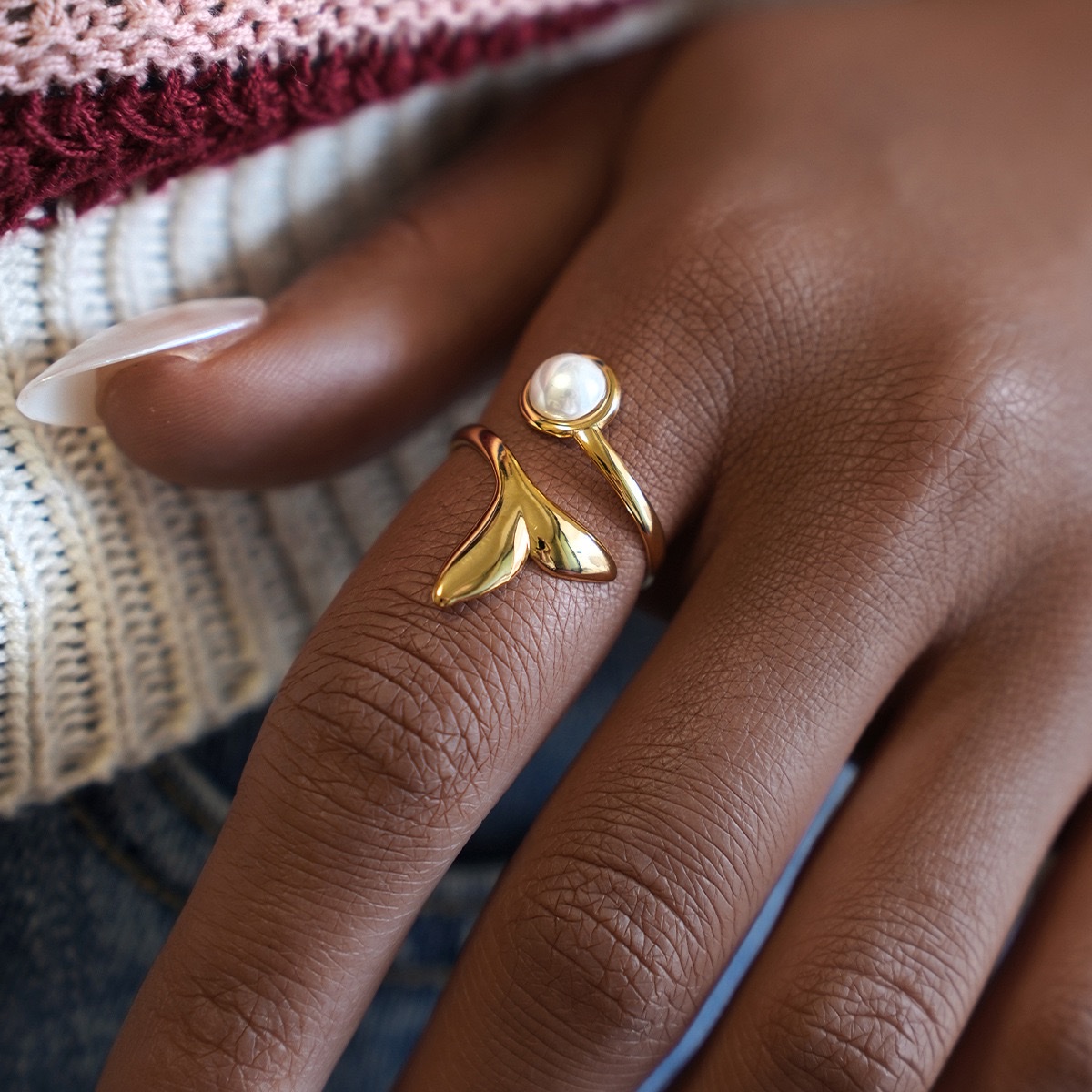 欧美跨境饰品不锈钢珍珠鱼尾开口戒指夏季简约小众设计感手饰批发 欧美跨境饰品不锈钢珍珠鱼尾开口戒指夏季简约小众设计感手饰批发 产品图