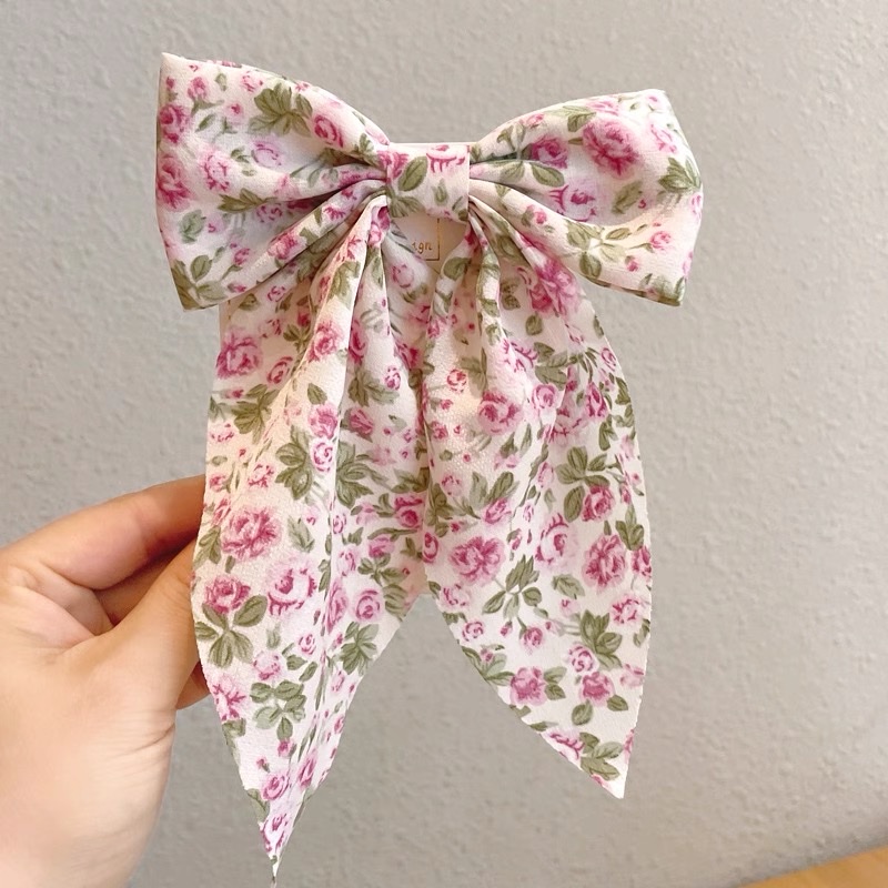 New floral bow hair clip, long floral bow hair clip, tassel chiffon ribbon hair accessory, head clip Item Picture